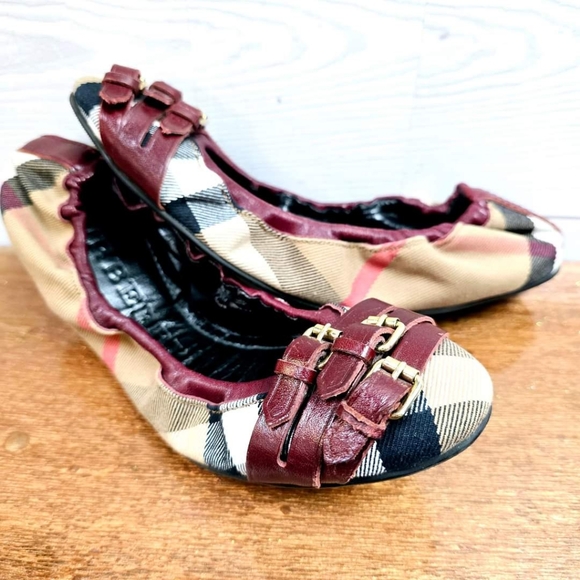 BURBERRY Nova Check Scrunch Ballet Flats w Belted Burgundy Leather size 38, 8 - Picture 1 of 9